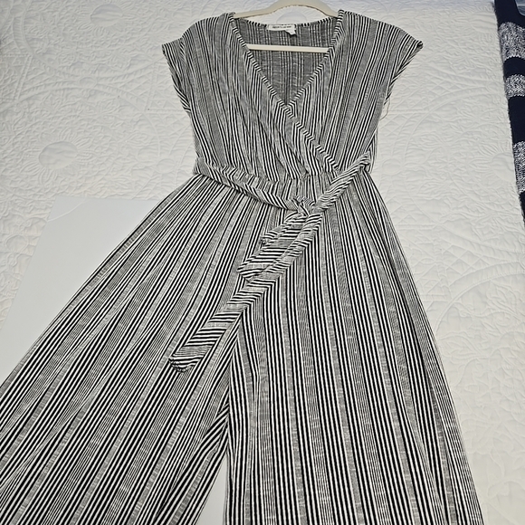 Caution To The Wind Striped Black and White Jumpsuit Medium Belted - Picture 9 of 11